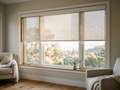 Designer Screen Roller Shade in Coastal Linen installed on a sunlit window in a Bay Area home, 5% openness solar screen
