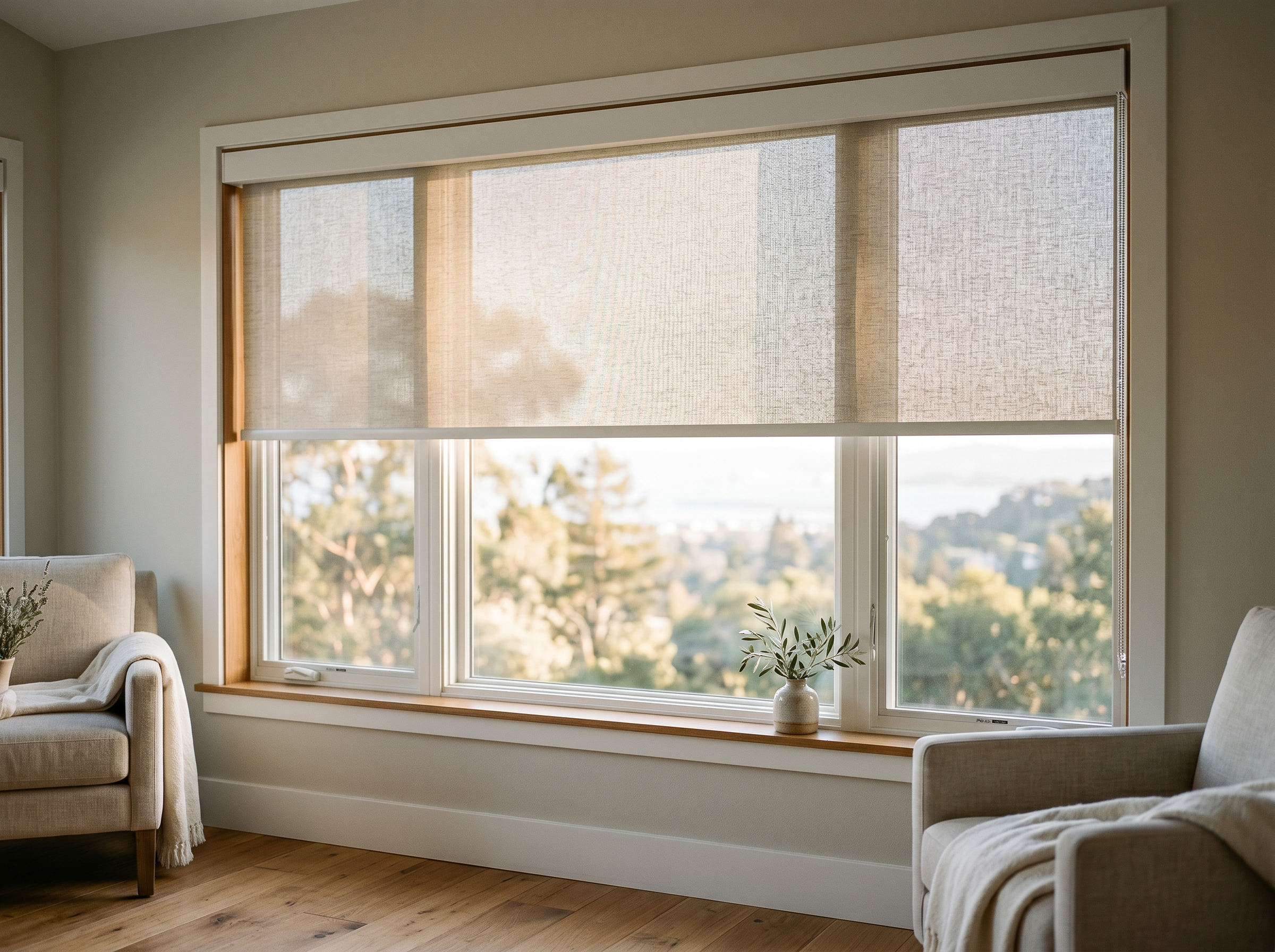Designer Screen Roller Shade in Coastal Linen installed on a sunlit window in a Bay Area home, 5% openness solar screen