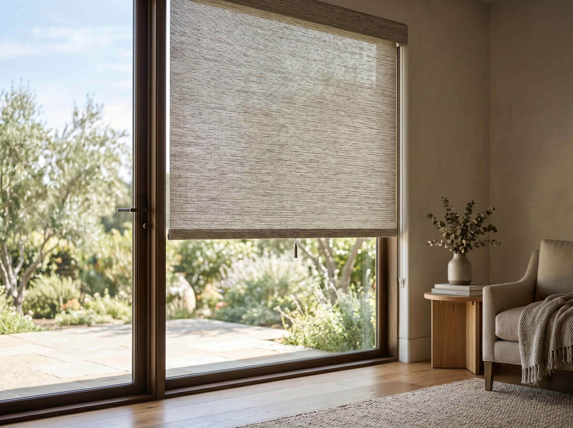 Alustra Woven Texture Roller Shade in Driftwood installed on a sunlit window in a Bay Area home, performance-grade woven polyester
