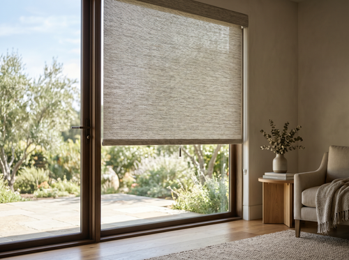 Alustra Woven Texture Roller Shade in Driftwood installed on a sunlit window in a Bay Area home, performance-grade woven polyester