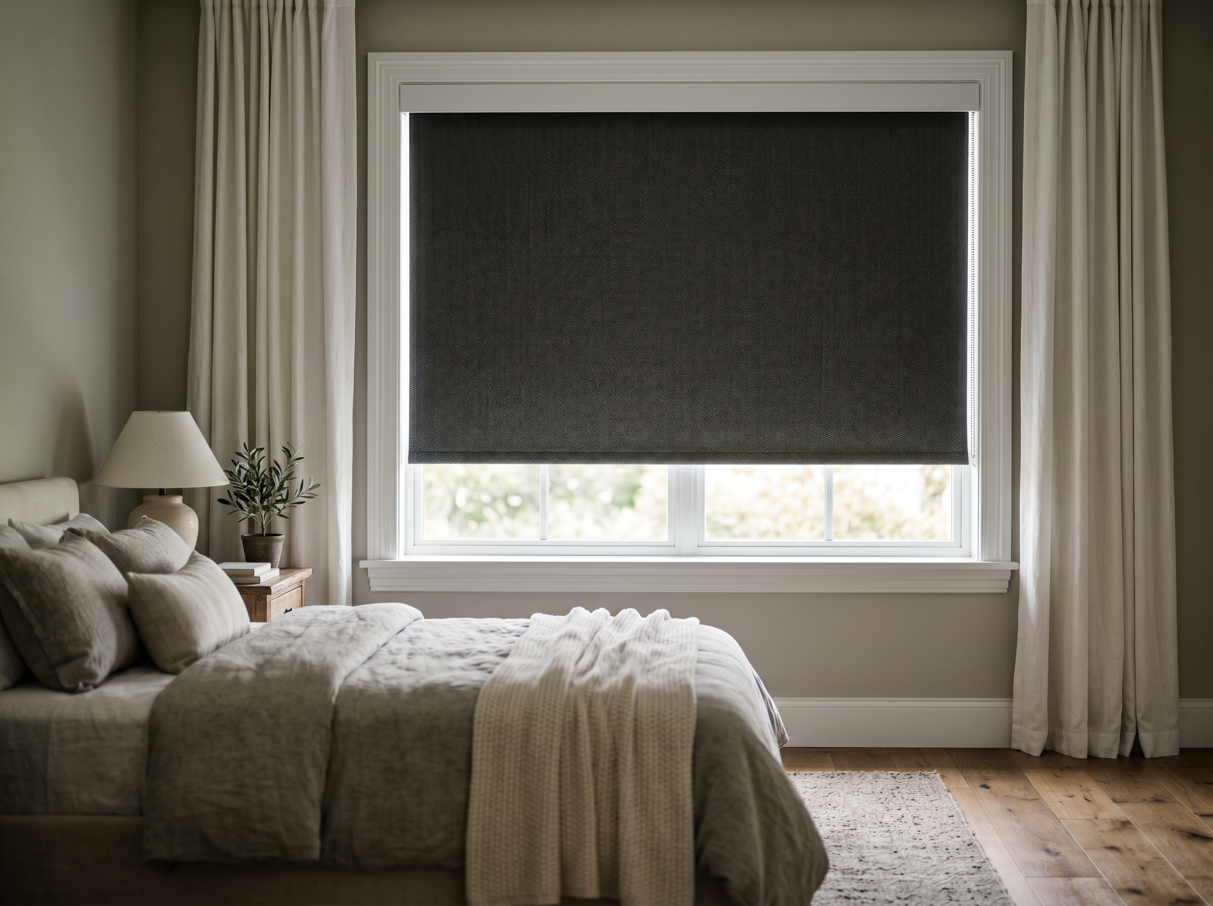 Blackout Roller Shade in Charcoal Twill installed on a sunlit window in a Bay Area home, 3-pass blackout vinyl
