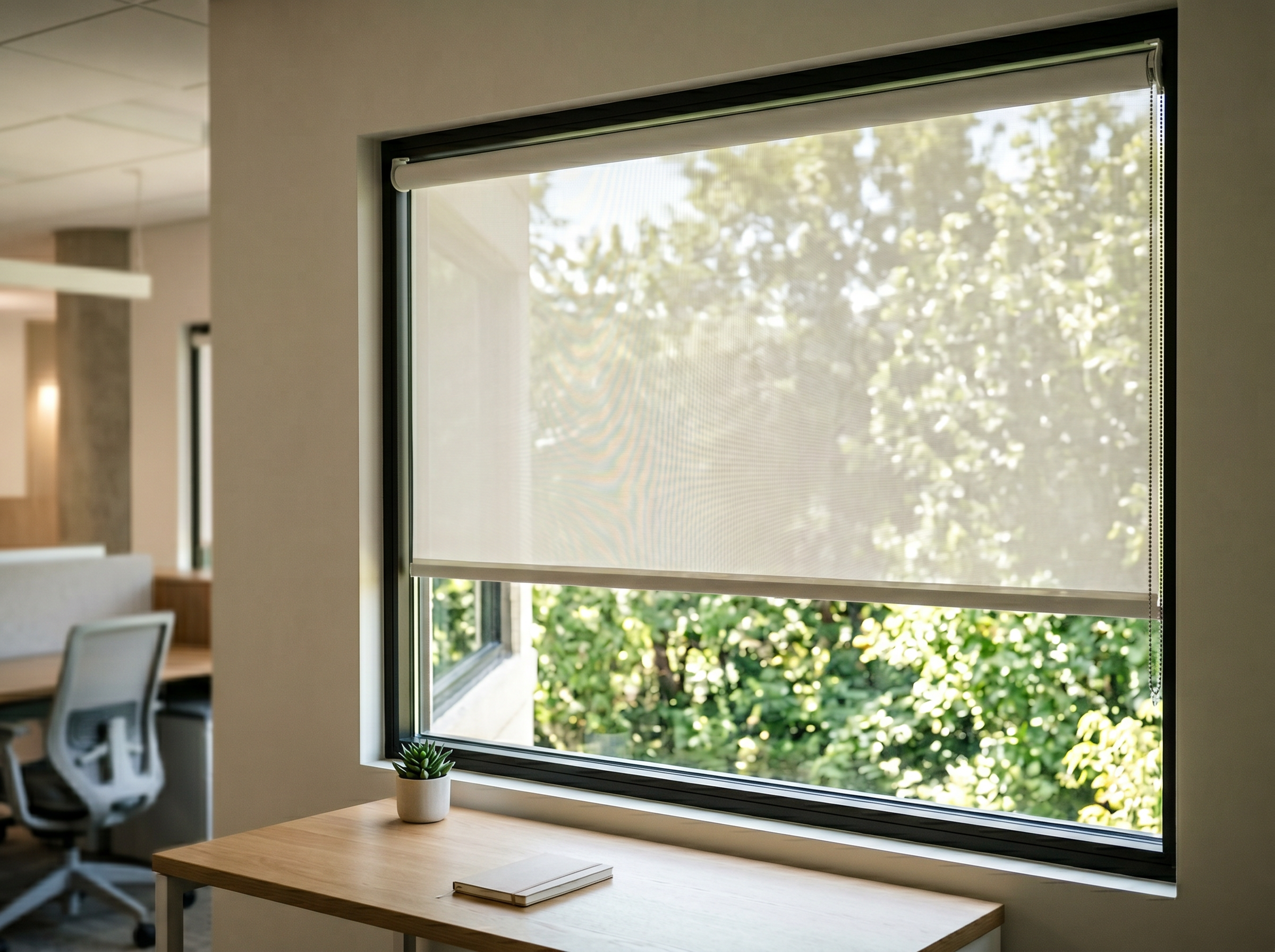 Solar Screen 3% Roller Shade in Pearl White installed on a sunlit window in a Bay Area home, 3% openness solar screen
