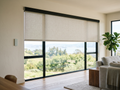 Motorized Roller Shade with Lutron Serena installed on a sunlit window in a Bay Area home, light-filtering polyester