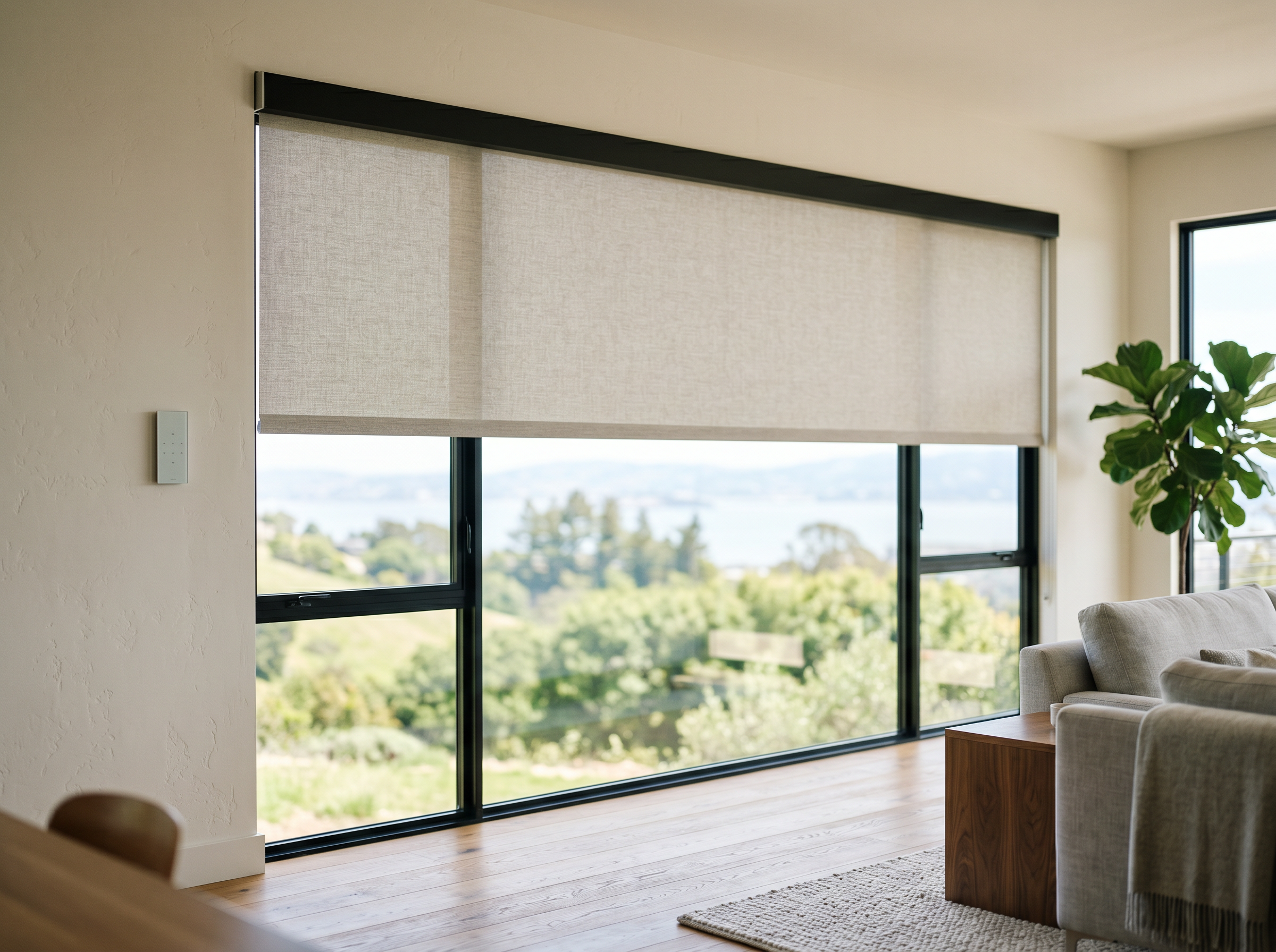 Motorized Roller Shade with Lutron Serena installed on a sunlit window in a Bay Area home, light-filtering polyester