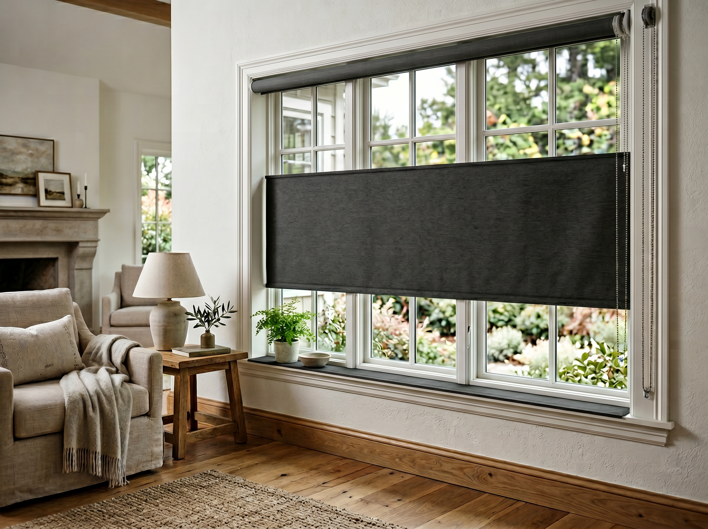 Dual Roller Shade with Solar and Blackout Layers installed on a sunlit window in a Bay Area home, layered solar + blackout
