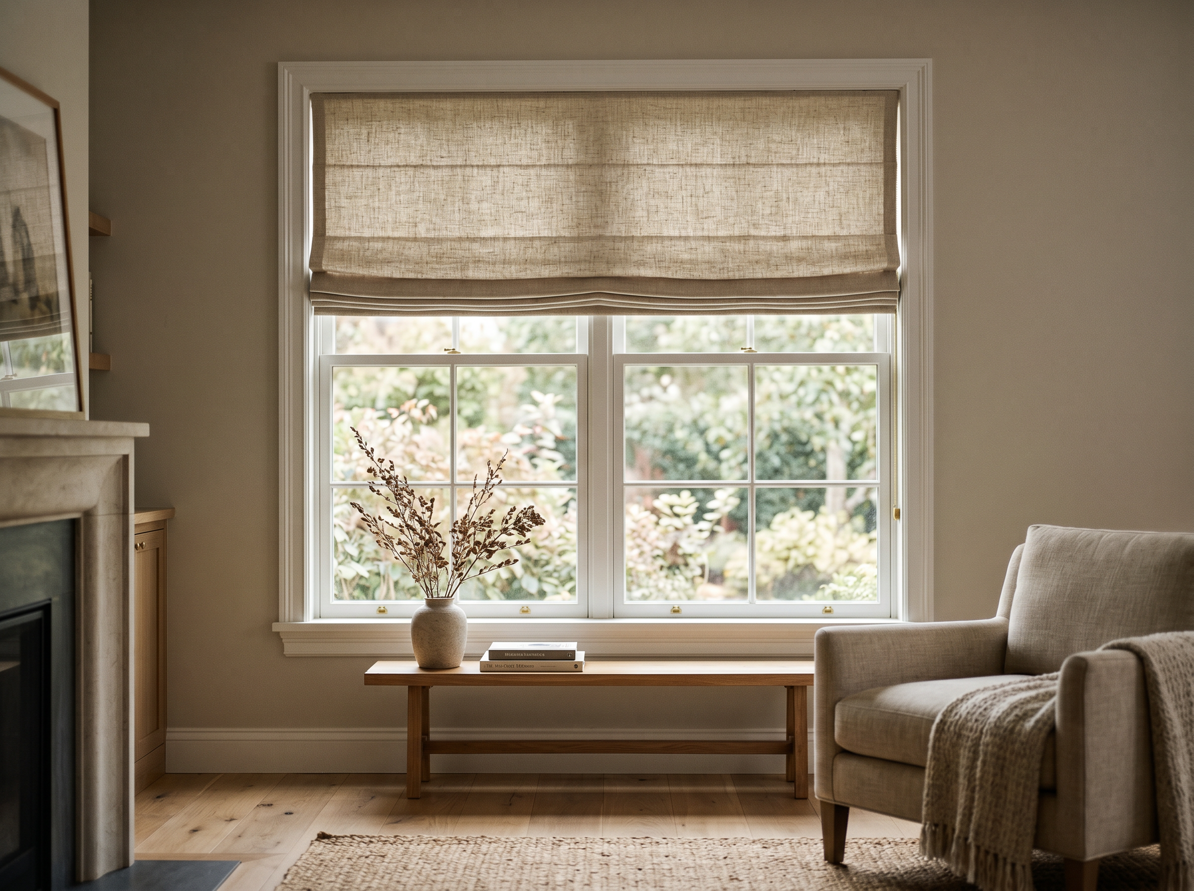 Vignette Modern Roman Shade in Belgian Flax installed on a sunlit window in a Bay Area home, 100% Belgian linen
