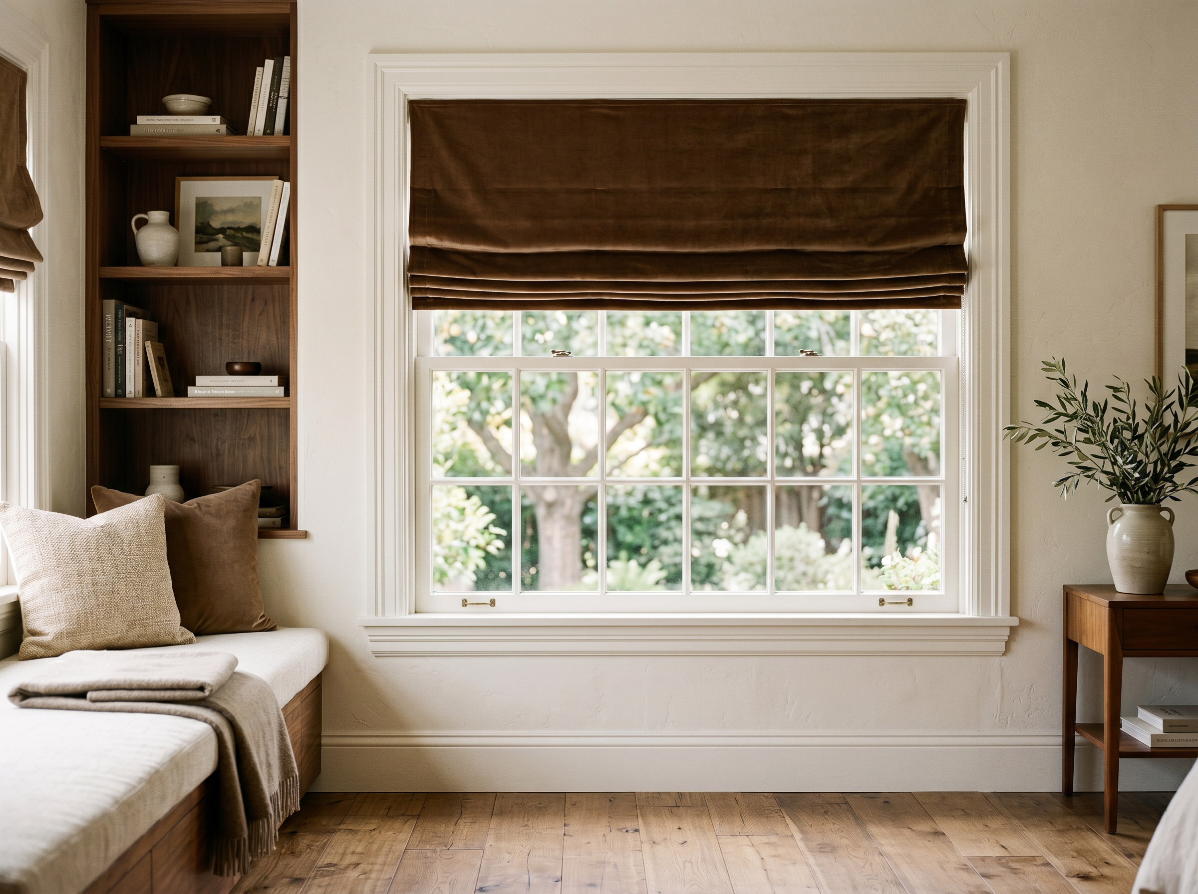 Flat-Fold Roman Shade in Walnut Velvet installed on a sunlit window in a Bay Area home, premium velvet