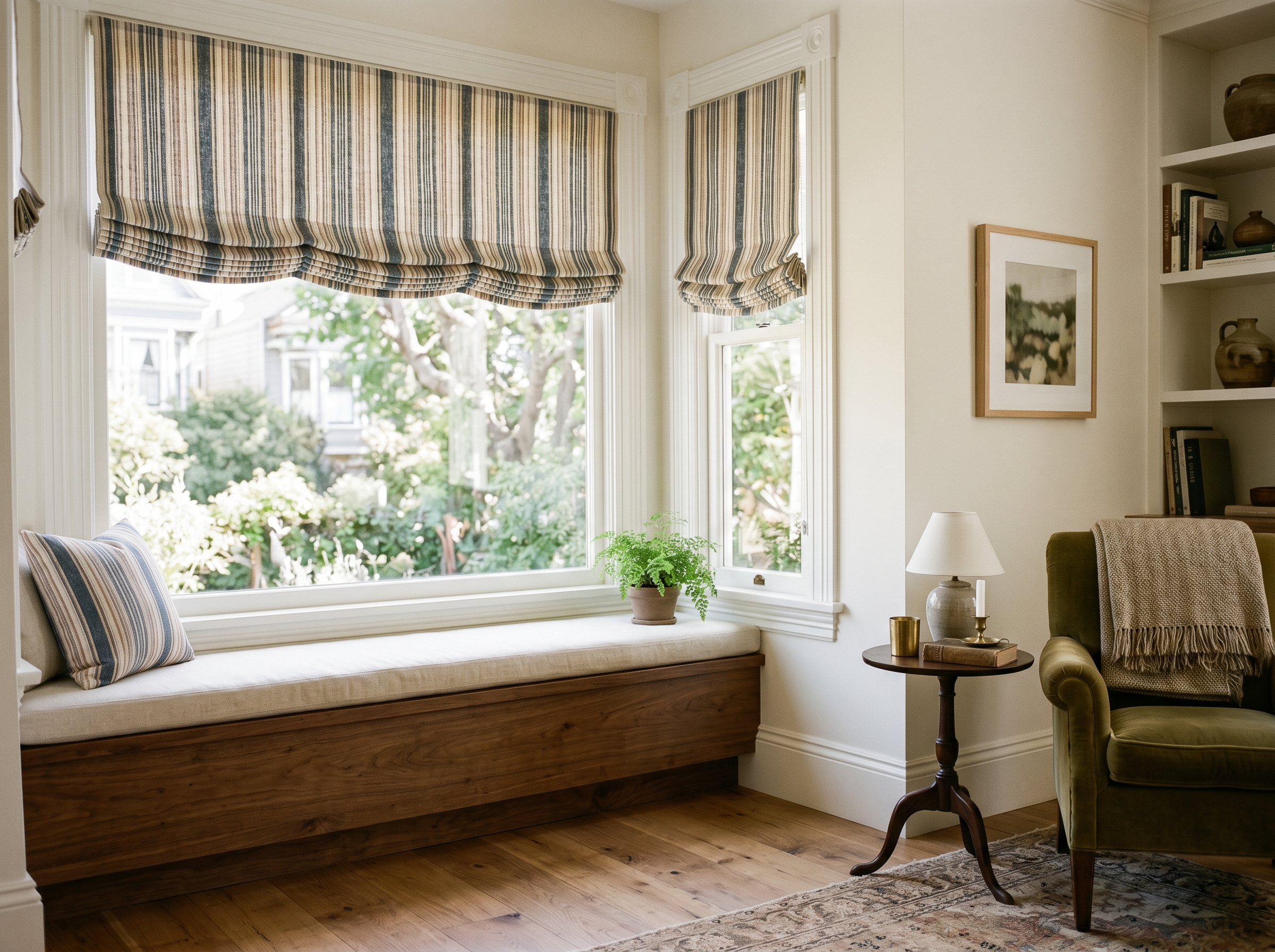 Relaxed Roman Shade in Heritage Stripe installed on a sunlit window in a Bay Area home, yarn-dyed cotton