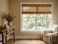 Bamboo Woven Wood Shade in Tortoise Reed installed on a sunlit window in a Bay Area home, natural bamboo and grasscloth