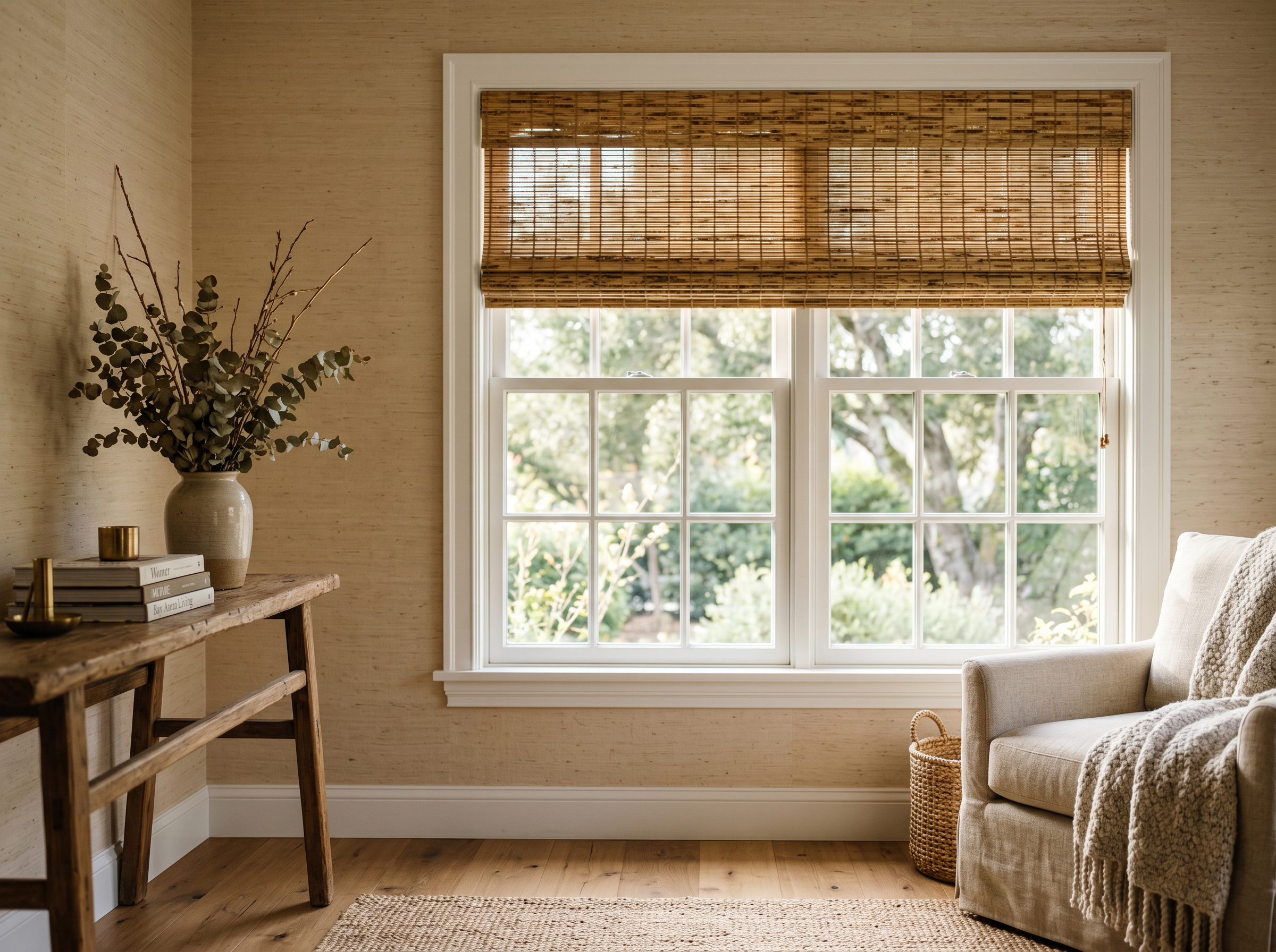 Bamboo Woven Wood Shade in Tortoise Reed installed on a sunlit window in a Bay Area home, natural bamboo and grasscloth