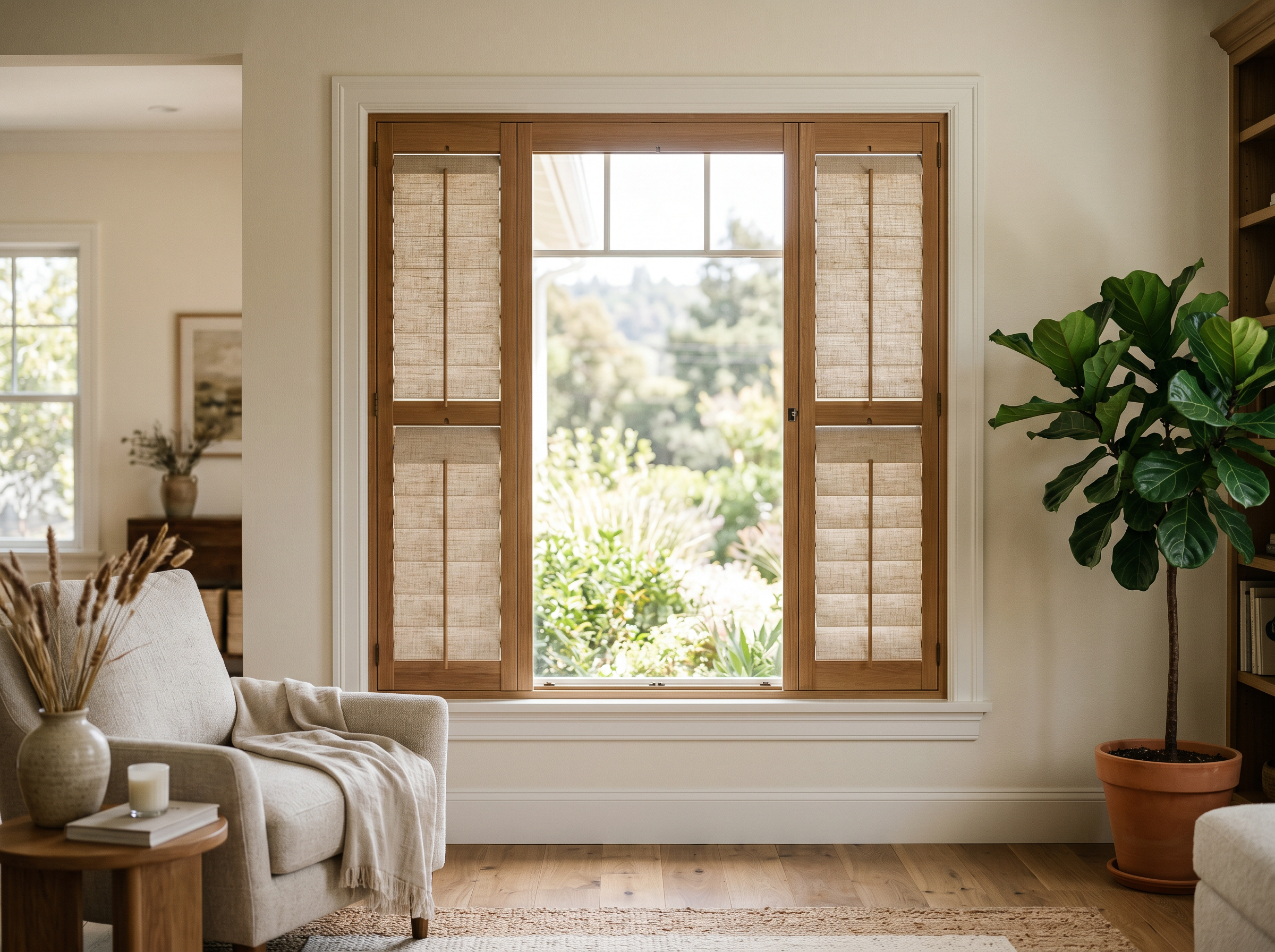 NewStyle Hybrid Shutter in Natural Linen installed on a sunlit window in a Bay Area home, engineered hardwood hybrid