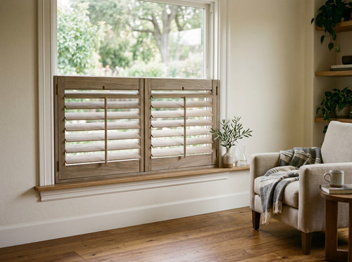 Cafe-Style Hardwood Shutter in Driftwood installed on a sunlit window in a Bay Area home, basswood