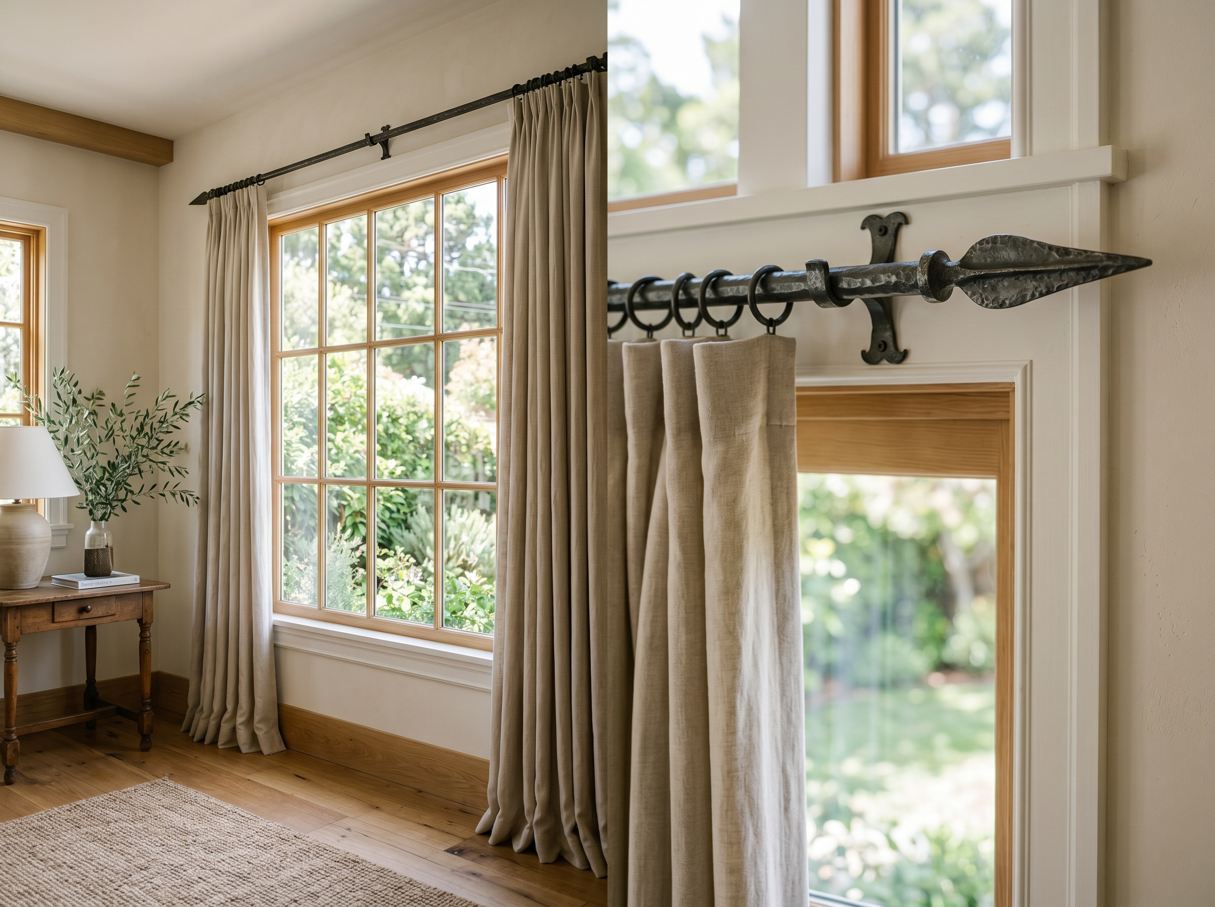 Wrought Iron Drapery Rod with Spear Finials installed on a sunlit window in a Bay Area home, hand-forged wrought iron